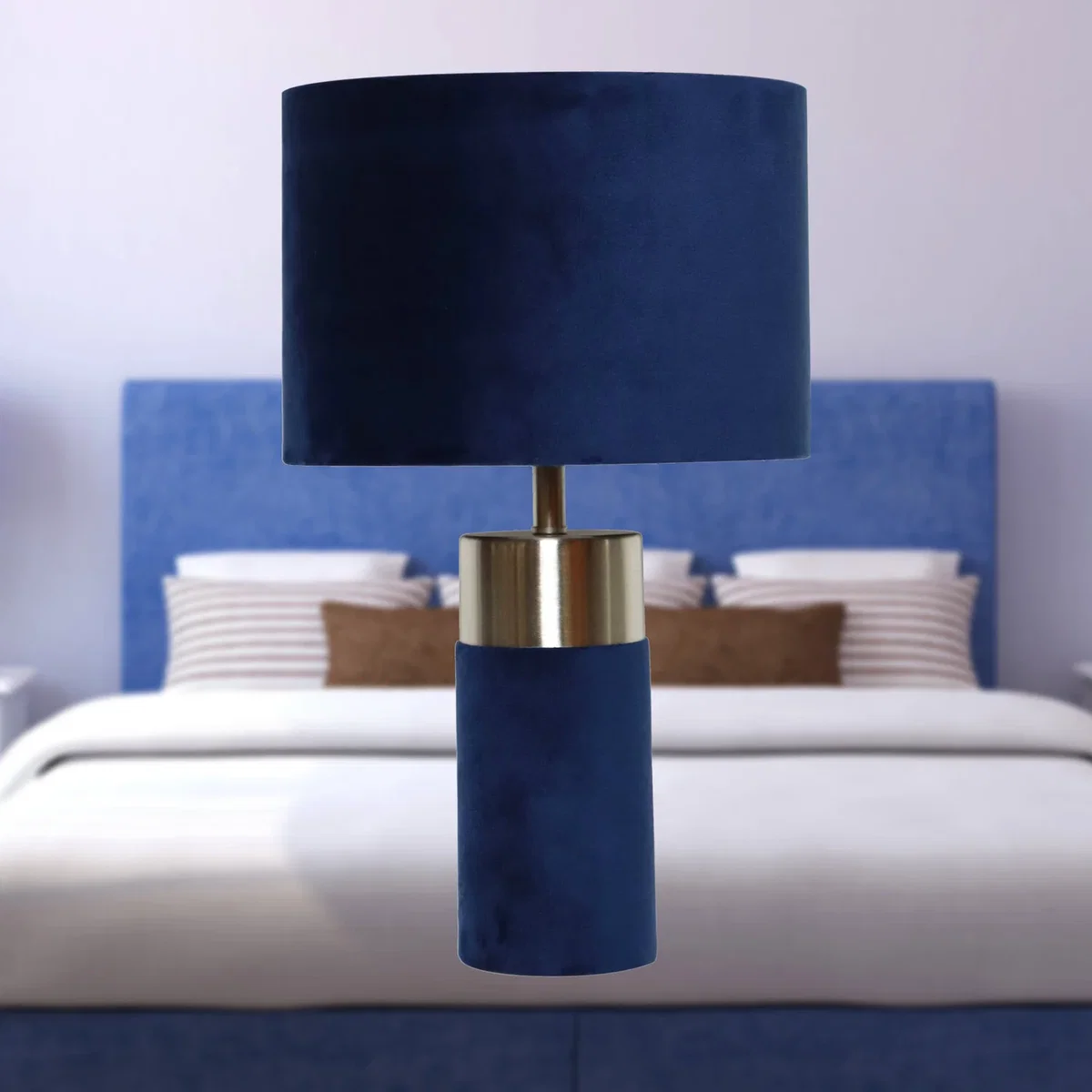 Navy Blue Velvet With Satin Chrome Detail Table Lamp - Blue – image 4
