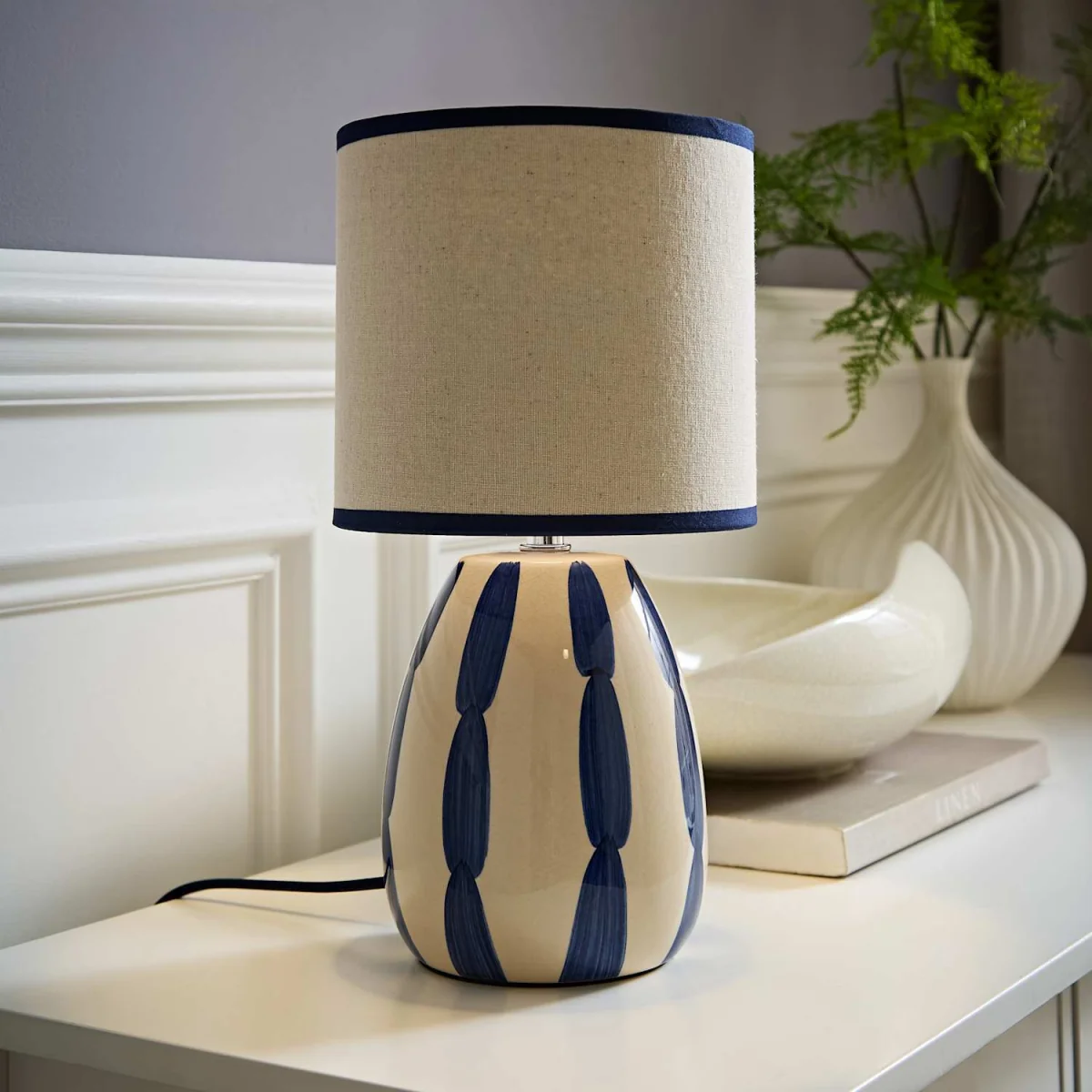 Brynn Natural and Navy Ceramic Stripe Table Lamp - Navy Blue / Yes – image 2