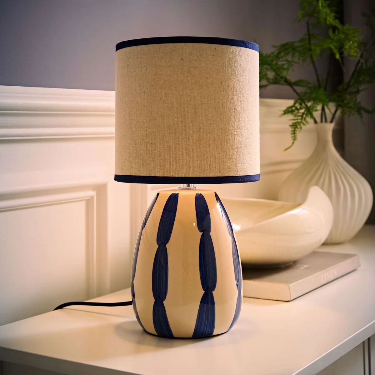 Brynn Natural and Navy Ceramic Stripe Table Lamp - Navy Blue / Yes – image 3