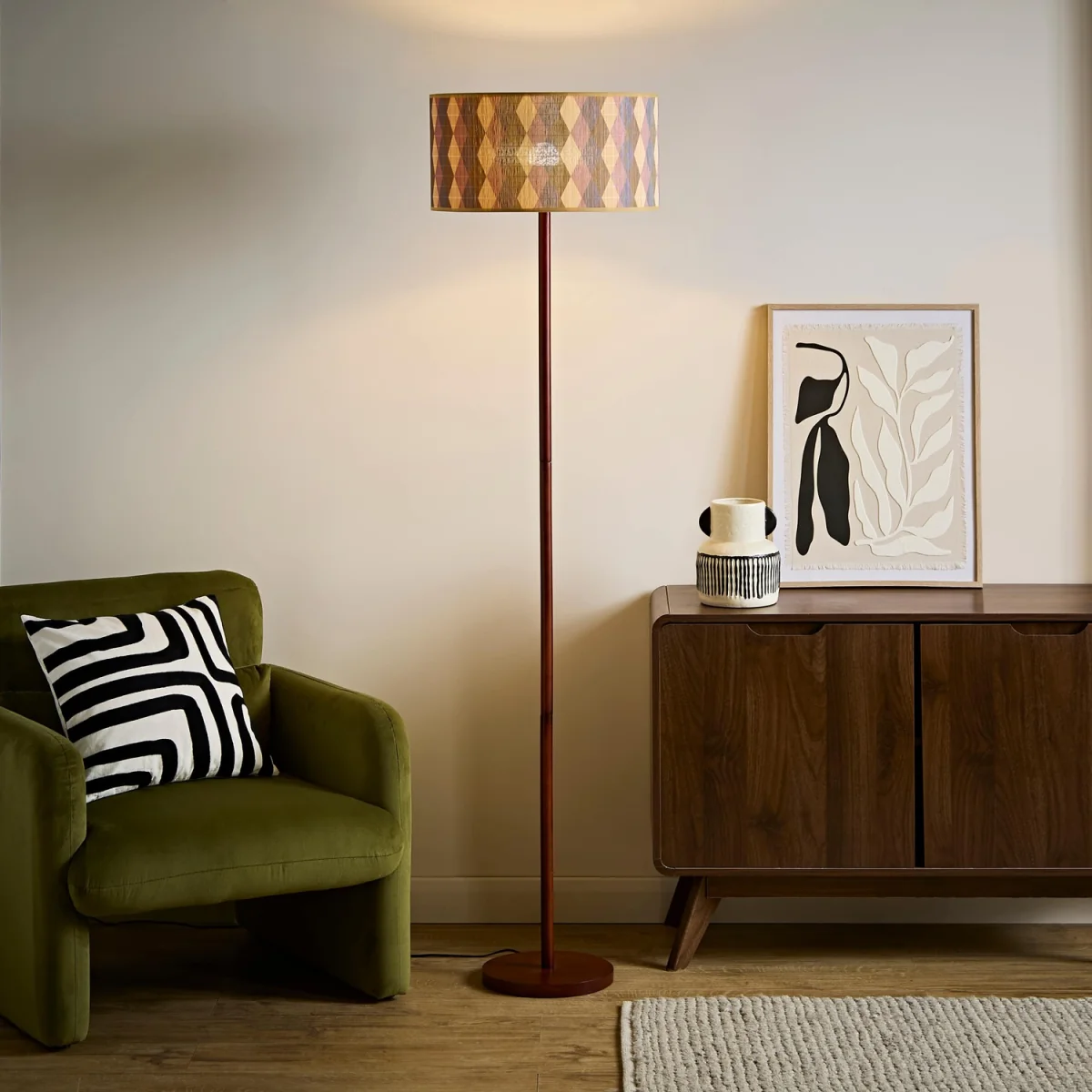 Heather Light Wood Floor Lamp with Patterned Bamboo Drum Shade - Diamond / No - Multi – image 2
