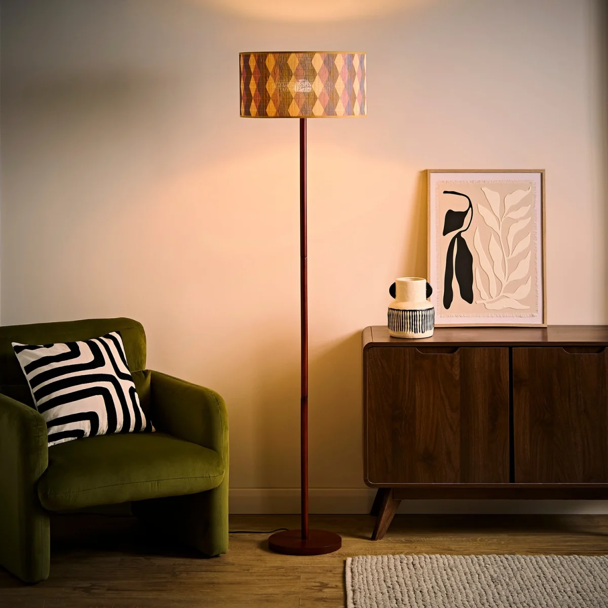 Heather Light Wood Floor Lamp with Patterned Bamboo Drum Shade - Diamond / No - Multi – image 3