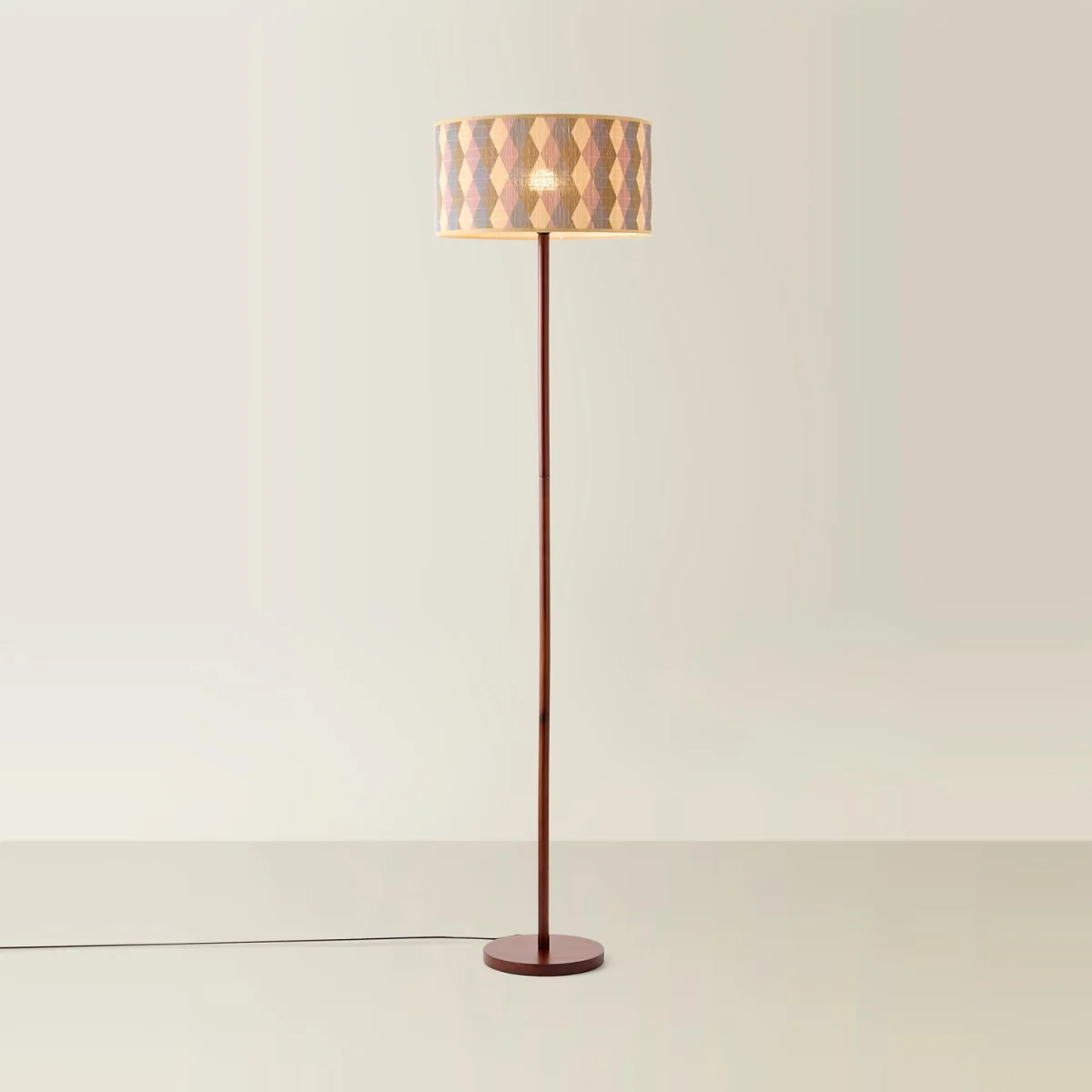 Heather Light Wood Floor Lamp with Patterned Bamboo Drum Shade - Diamond / No - Multi – image 4