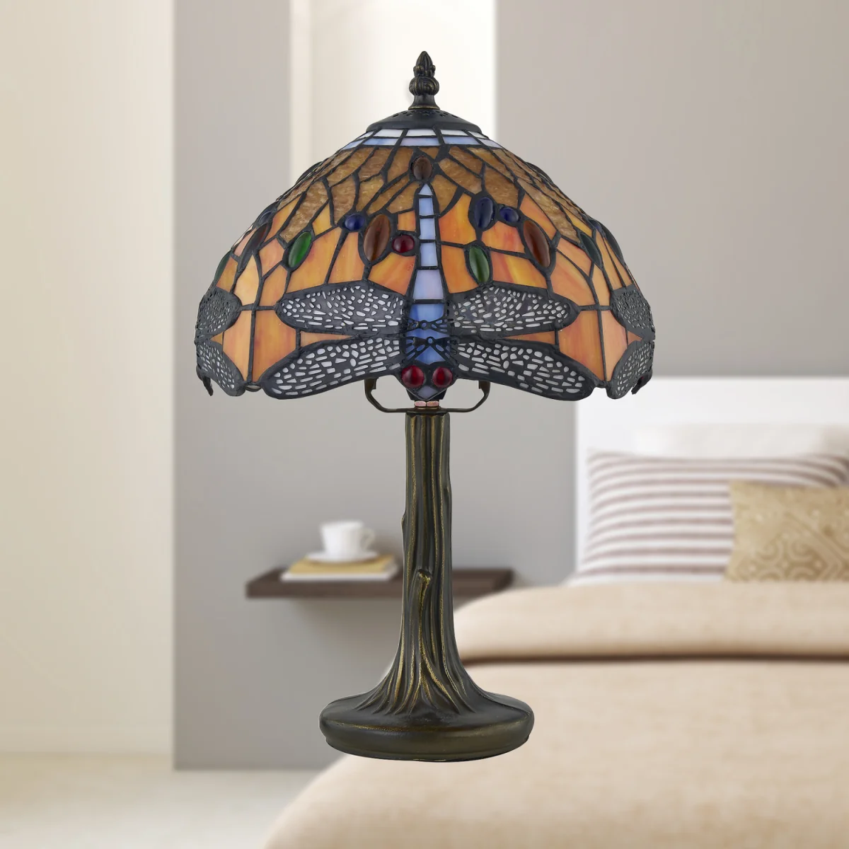 Chaplin Table Lamp With Shade - Antique Brass Plate And Tiffany Decorated Glass – image 2