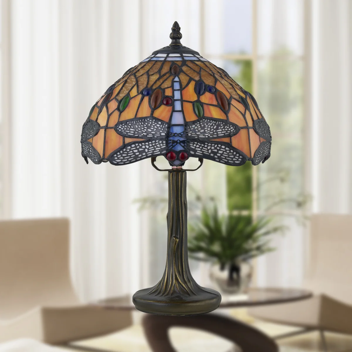 Chaplin Table Lamp With Shade - Antique Brass Plate And Tiffany Decorated Glass – image 6