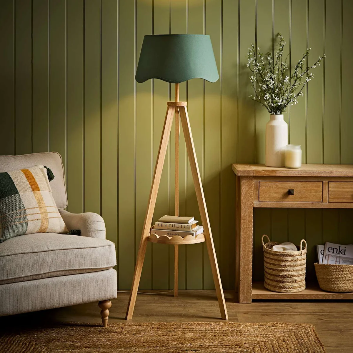 Morrigan Mid Wood Scallop Shelf Tripod Floor Lamp - Sage Scallop Shade - Sage Green – image 2