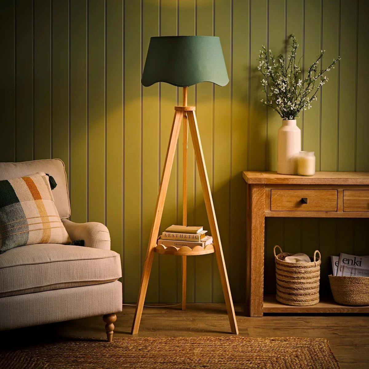 Morrigan Mid Wood Scallop Shelf Tripod Floor Lamp - Sage Scallop Shade - Sage Green – image 4