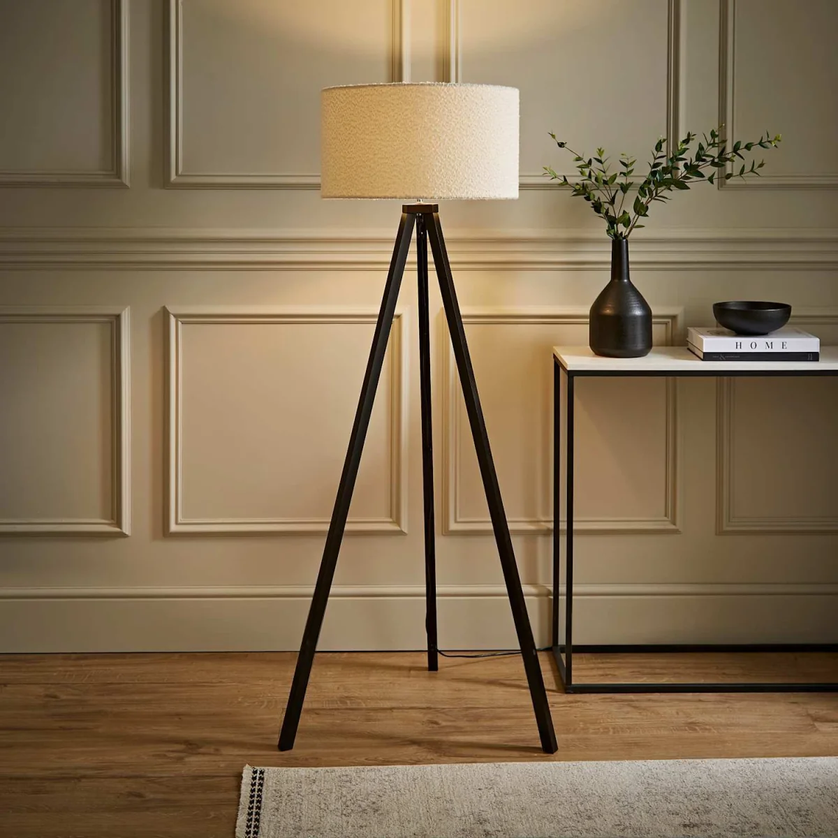 Barbro Black Wood Tripod Floor Light Lamp with Reni Boucle Shade - Neutral / No - Cream – image 3