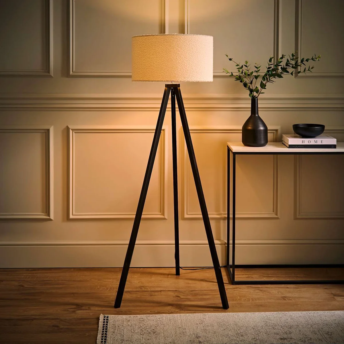 Barbro Black Wood Tripod Floor Light Lamp with Reni Boucle Shade - Neutral / No - Cream – image 4