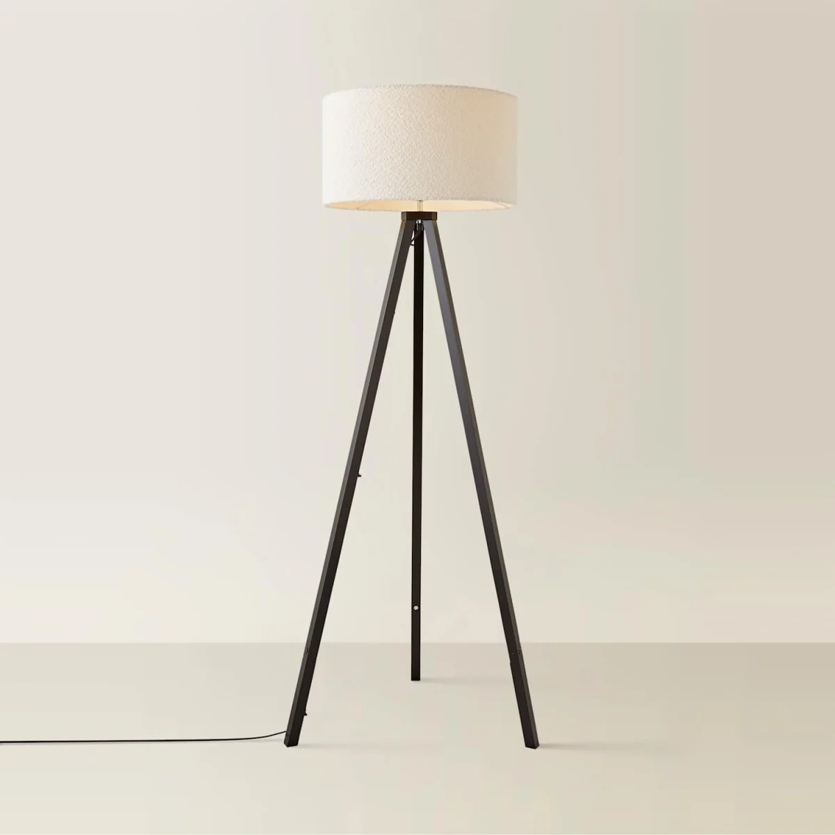 Barbro Black Wood Tripod Floor Light Lamp with Reni Boucle Shade - Neutral / No - Cream – image 5