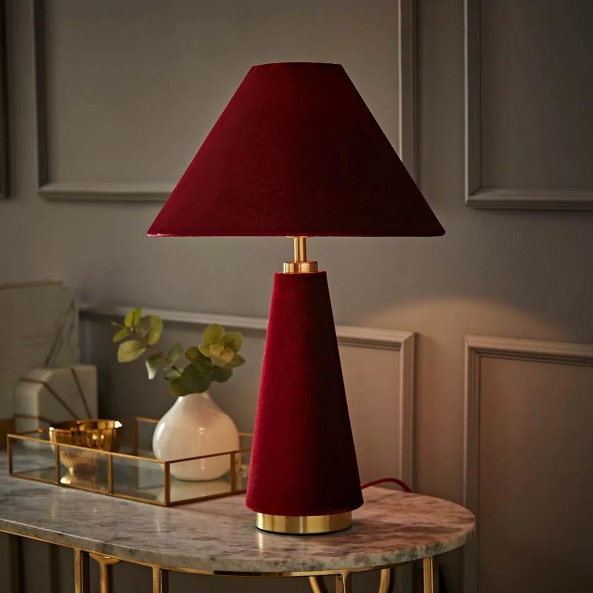 Martha Conical Velvet Table Lamp - Burgundy / Yes