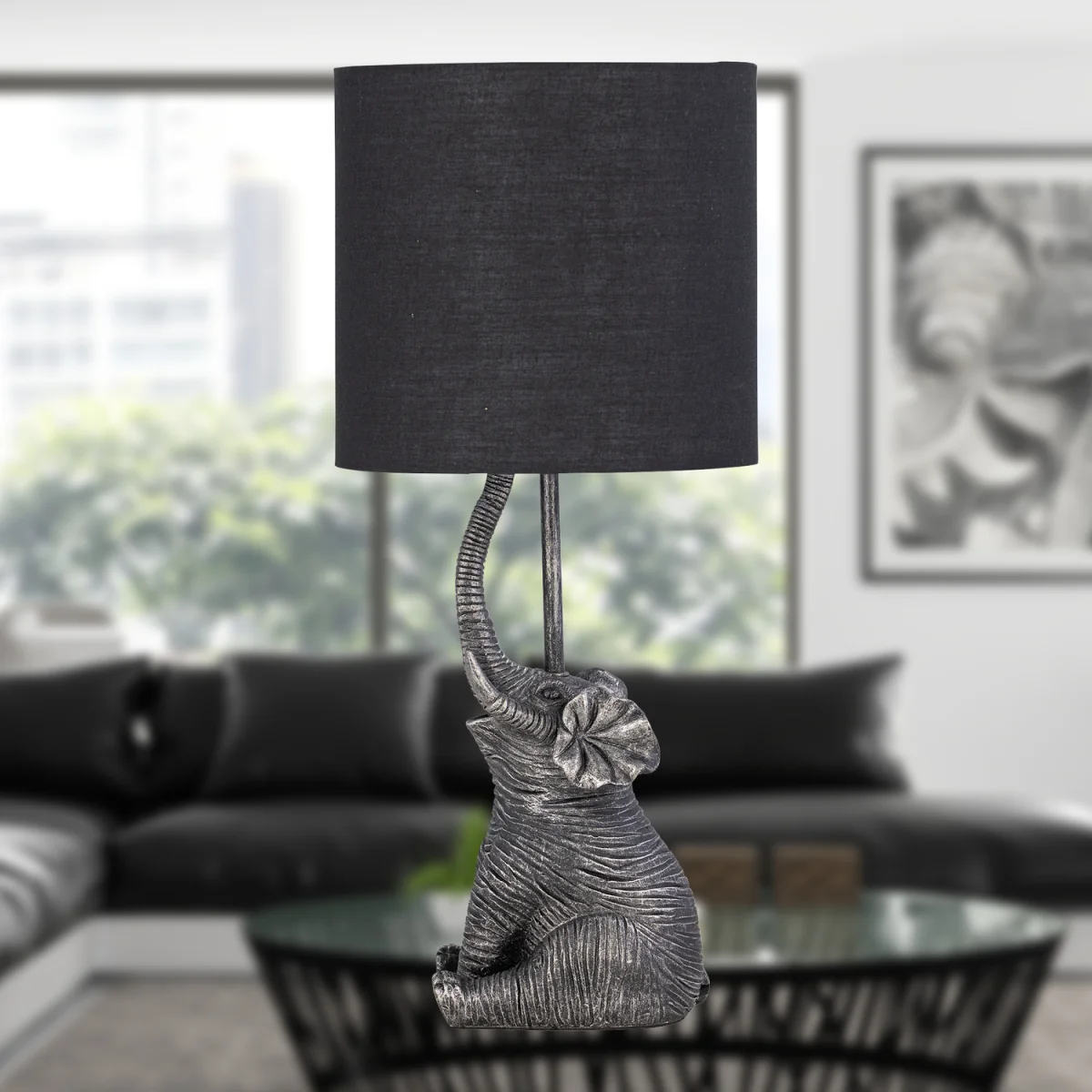 Elephant Black Resin Table Lamp With Black Fabric Shade - Black & Black – image 7