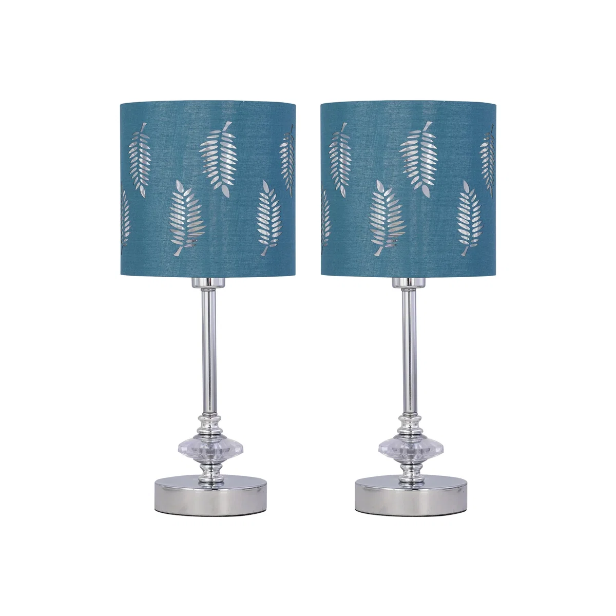 Set Of 2 Chrome Jewelled Table Lamps With Teal Fern Shades - Chrome & Teal – image 1