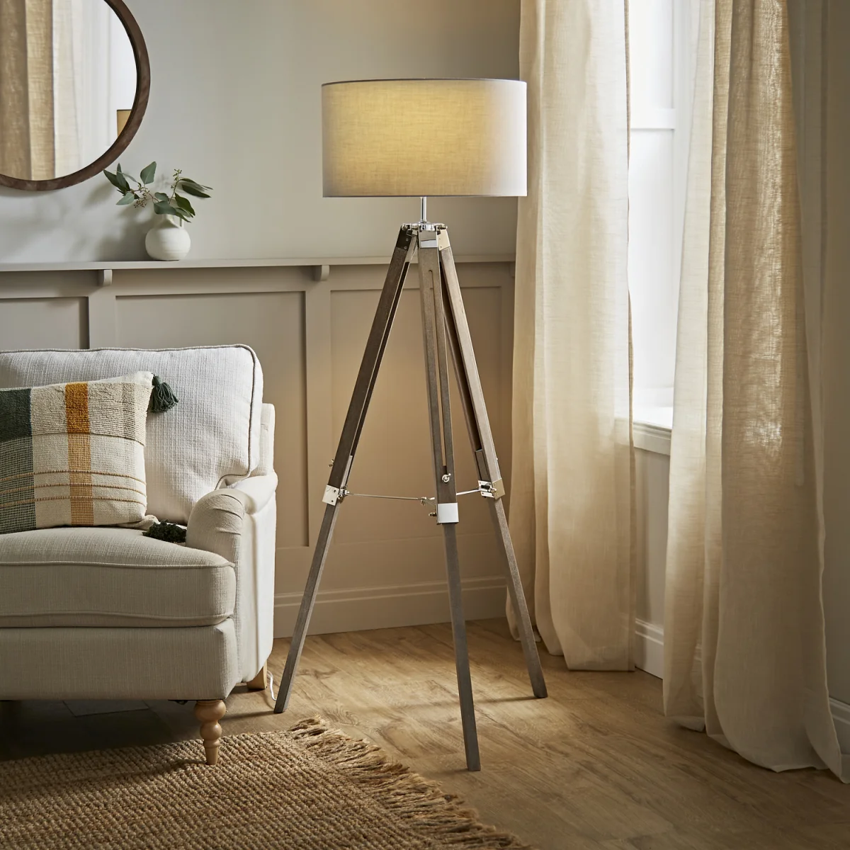 Clipper Light Wood Tripod Floor Lamp with Drum Shade - Grey / Yes – image 2