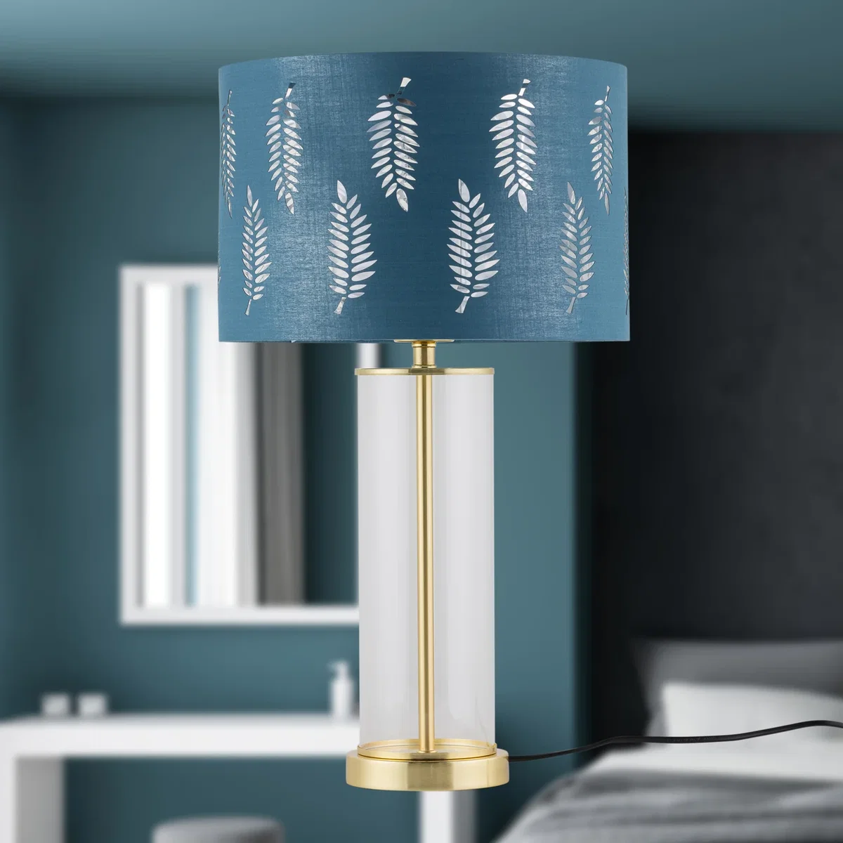 Set Of 2 Aura Satin Brass Lamps With Teal Fern Cut Out Shades - Satin Brass & Teal – image 4