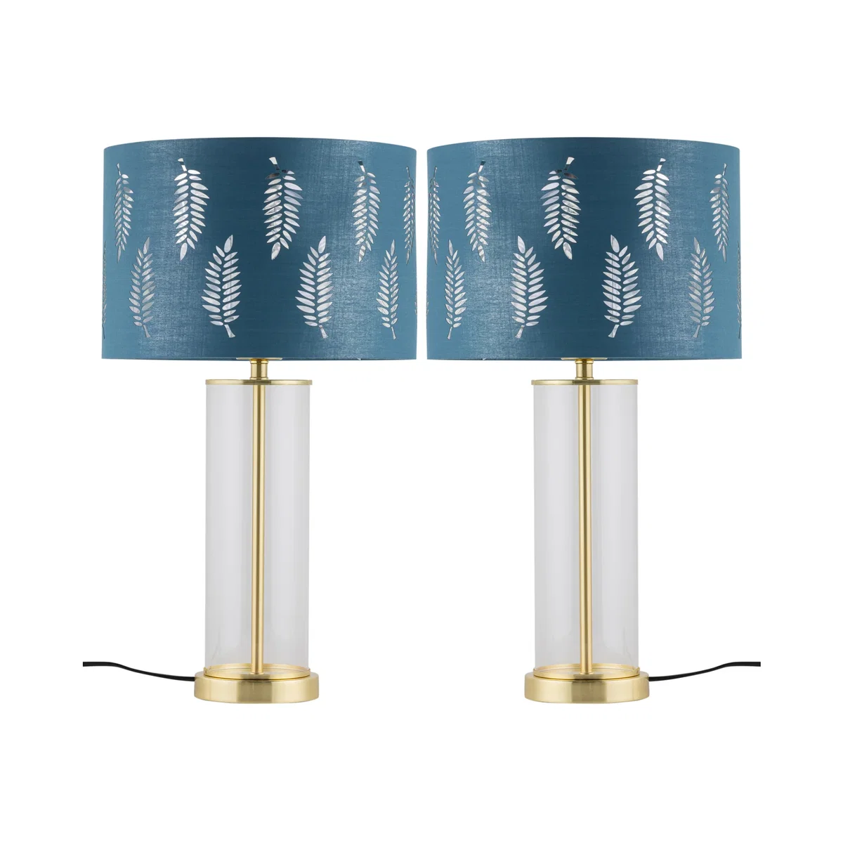 Set Of 2 Aura Satin Brass Lamps With Teal Fern Cut Out Shades - Satin Brass & Teal – image 1