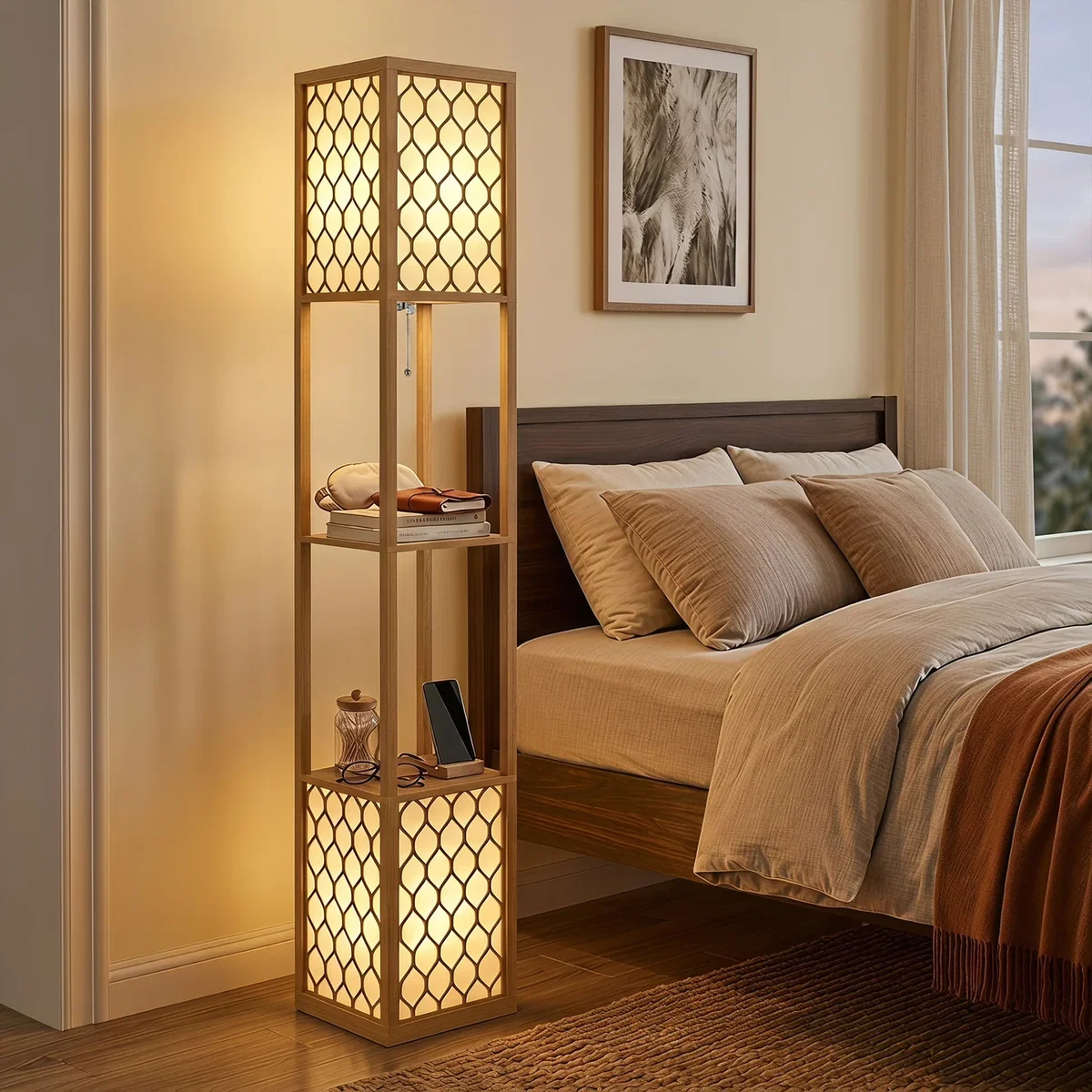 HOMCOM 2-Light Modern Floor Lamp w/ Shelves, Bedroom - Natural wood finish – image 1