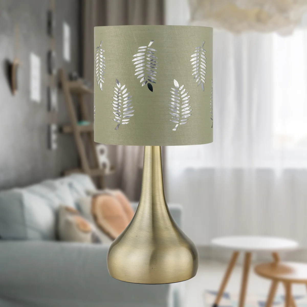 Set Of 2 Romana Antique Brass Touch Lamps With Sage Green Fern - Antique Brass & Sage Green – image 3