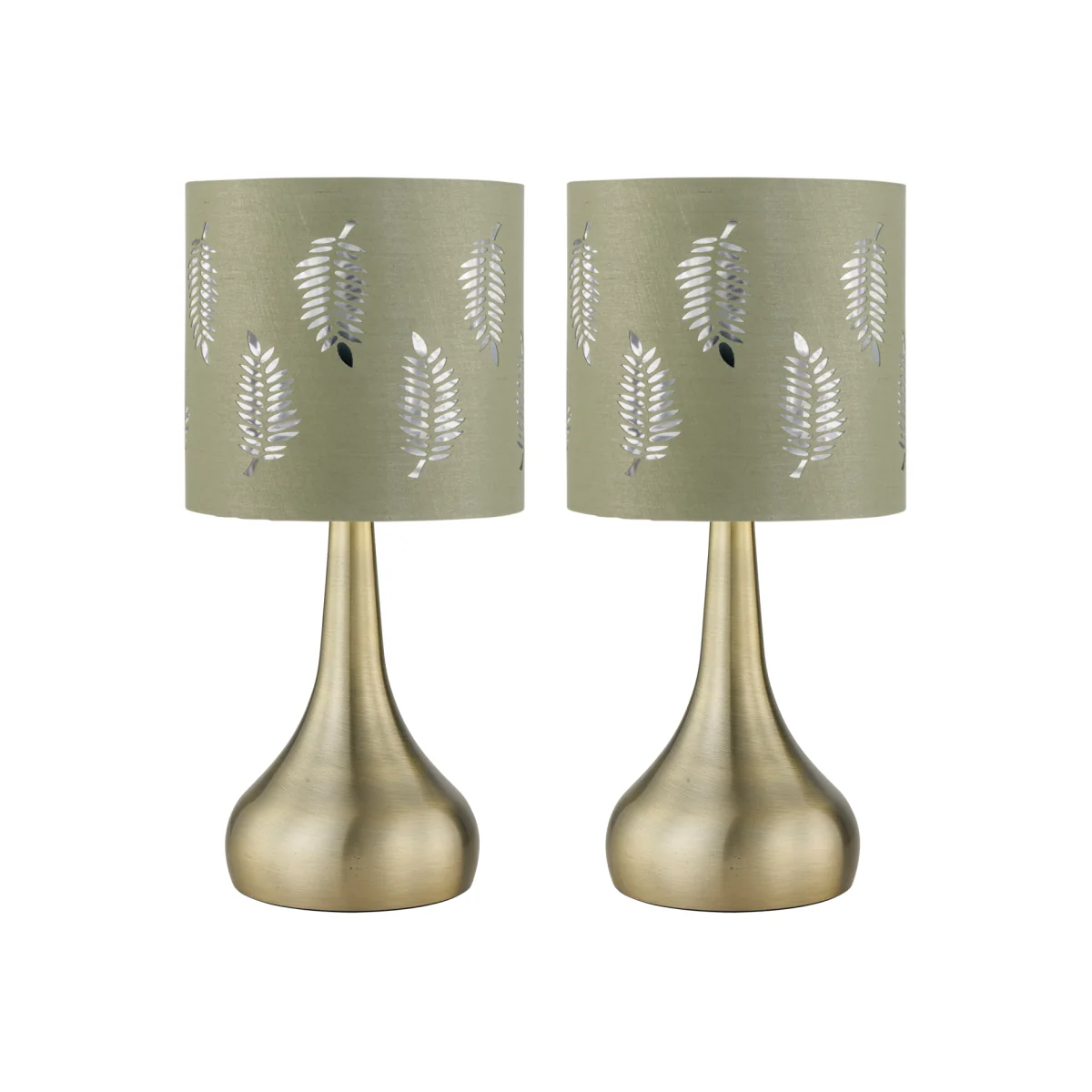 Set Of 2 Romana Antique Brass Touch Lamps With Sage Green Fern - Antique Brass & Sage Green – image 1
