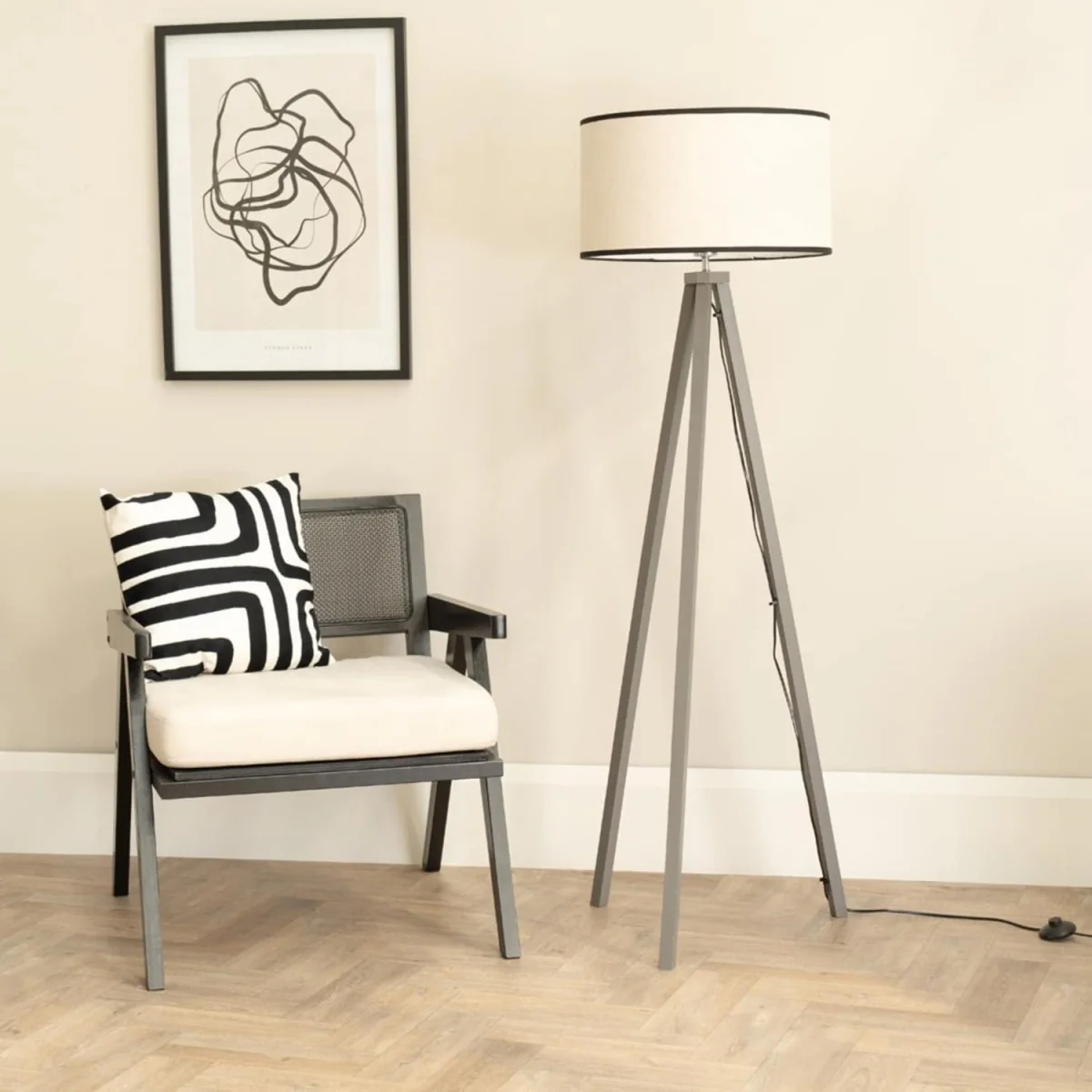 Barbro Grey Wood Tripod Floor Lamp with Natural Linen with Trim Shade - Black / No - Black – image 2