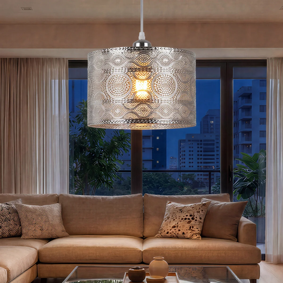 Ceiling Light Shade Moroccan Style Chrome Pendant Shade Lamp Decor - Silver – image 4