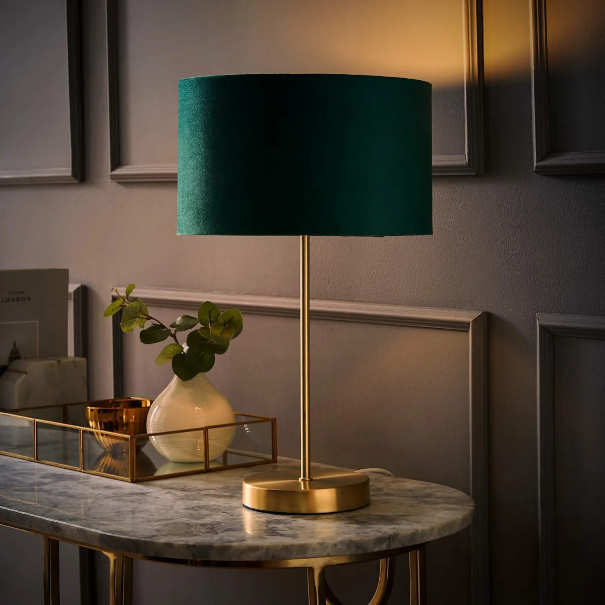 Charlie Brushed Chrome Table Lamp with Velvet Shade - Forest Green – image 1