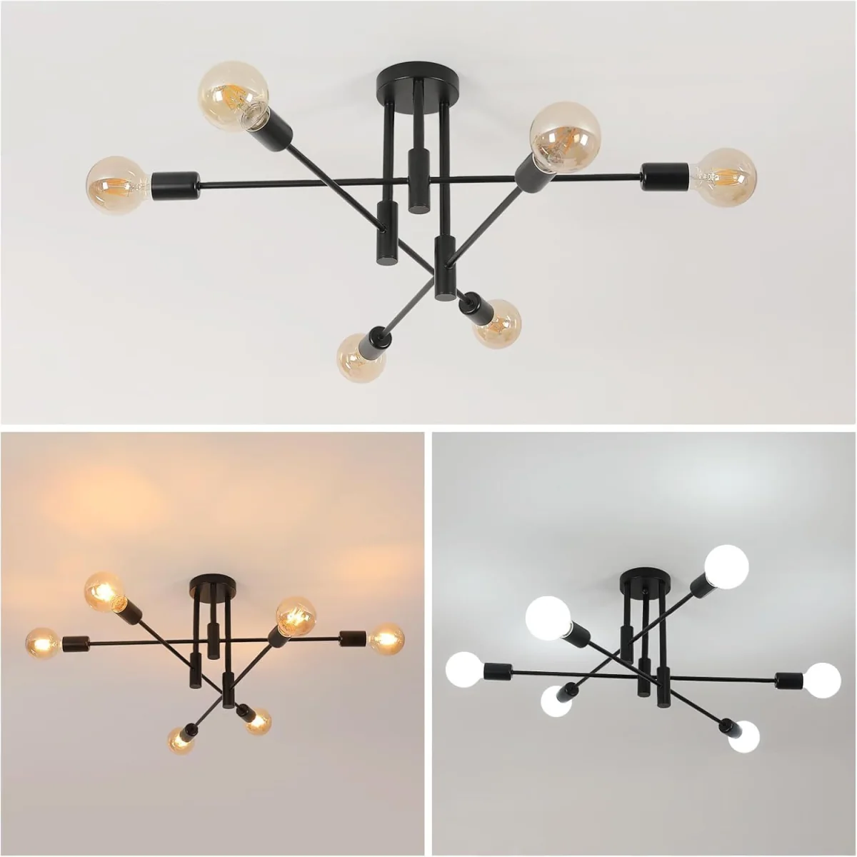 GOECO Industrial Retro Chandelier, 6 Lights Vintage Ceiling Lamp, E27 Base - Black – image 2