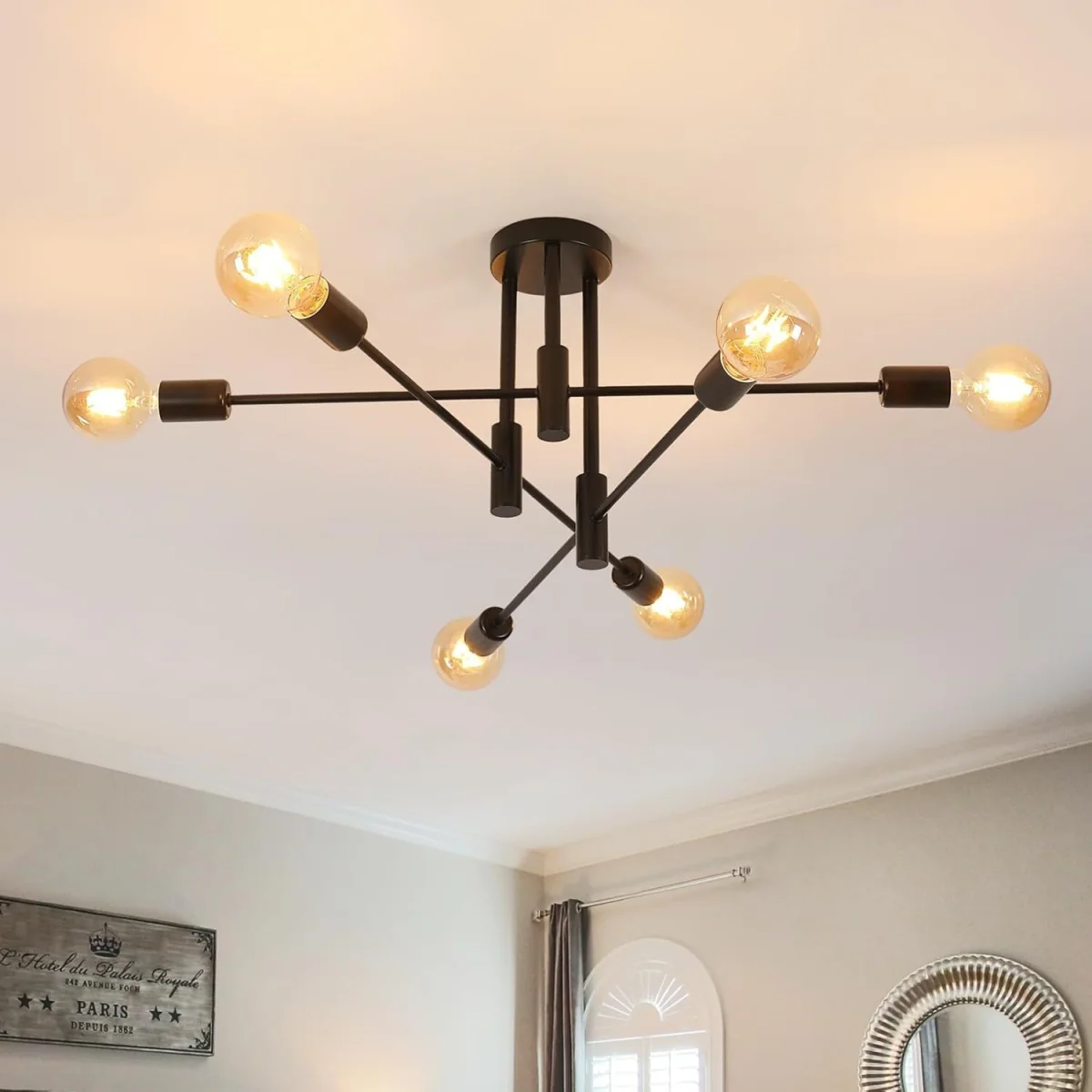 GOECO Industrial Retro Chandelier, 6 Lights Vintage Ceiling Lamp, E27 Base - Black – image 3