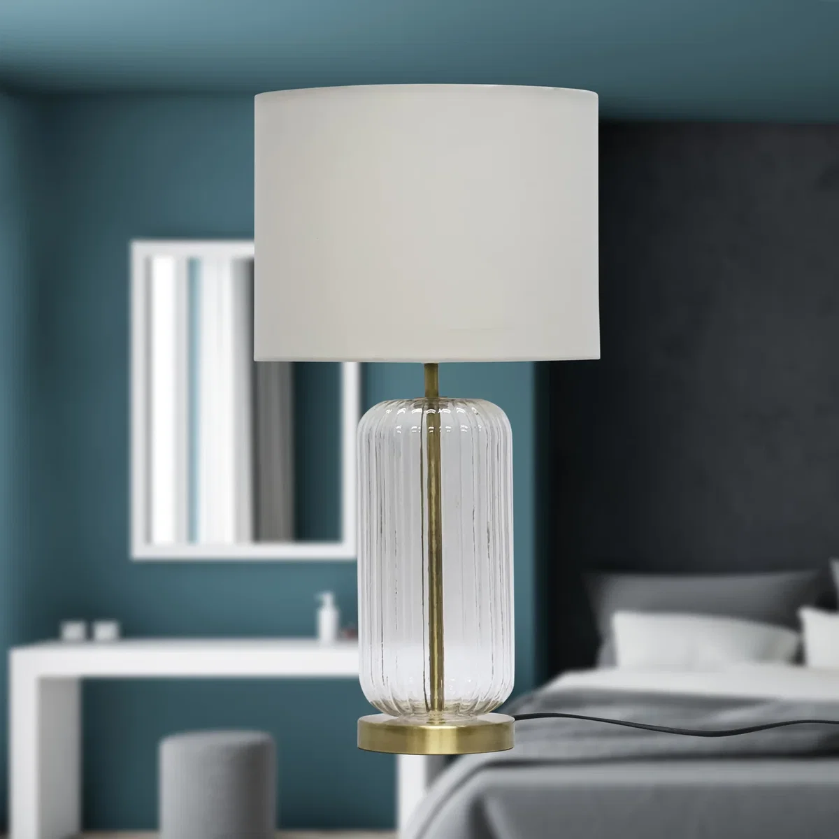 Walpole Fluted Glass Antique Brass 49cm Table Lamp With Ivory Shade - Antique Brass & Ivory – image 4