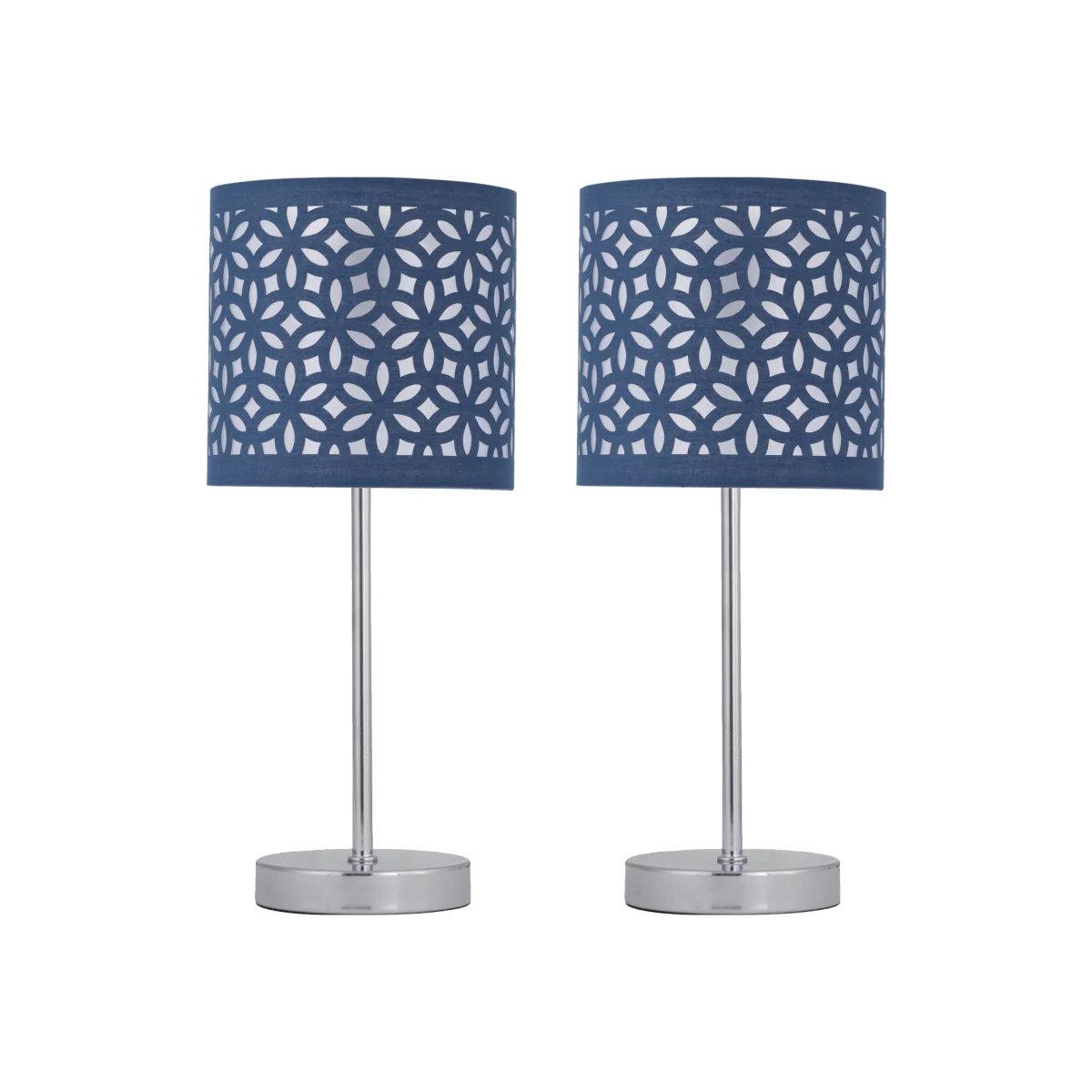 Set Of 2 Chrome Stick Table Lamps With Navy Blue Laser Cut Shades - Chrome & Blue – image 1