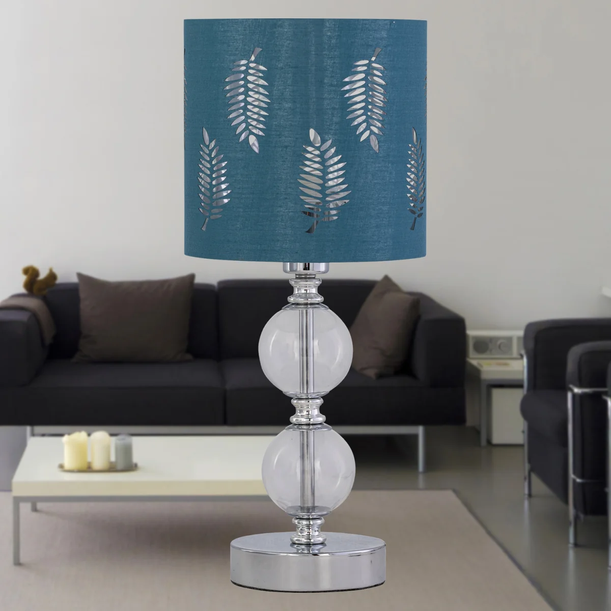 Chrome Two Ball Table Lamp With Teal Fern Shade - Chrome & Teal – image 4