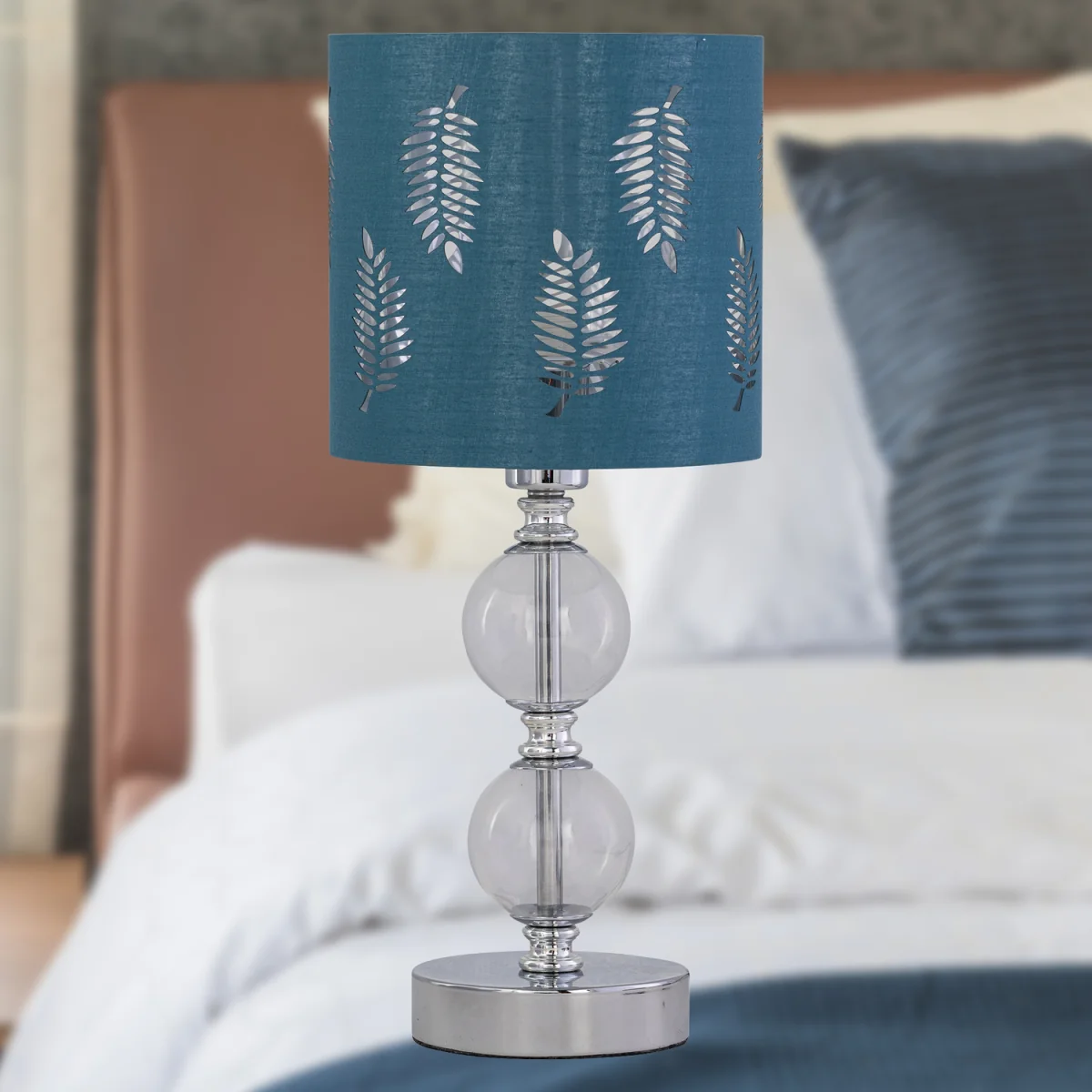 Chrome Two Ball Table Lamp With Teal Fern Shade - Chrome & Teal – image 5