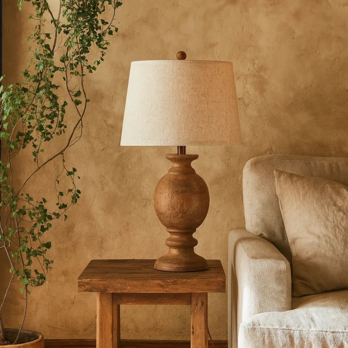 Eguisheim Round Wooden Pillar Table Lamp with Linen Shade - Brown – image 1