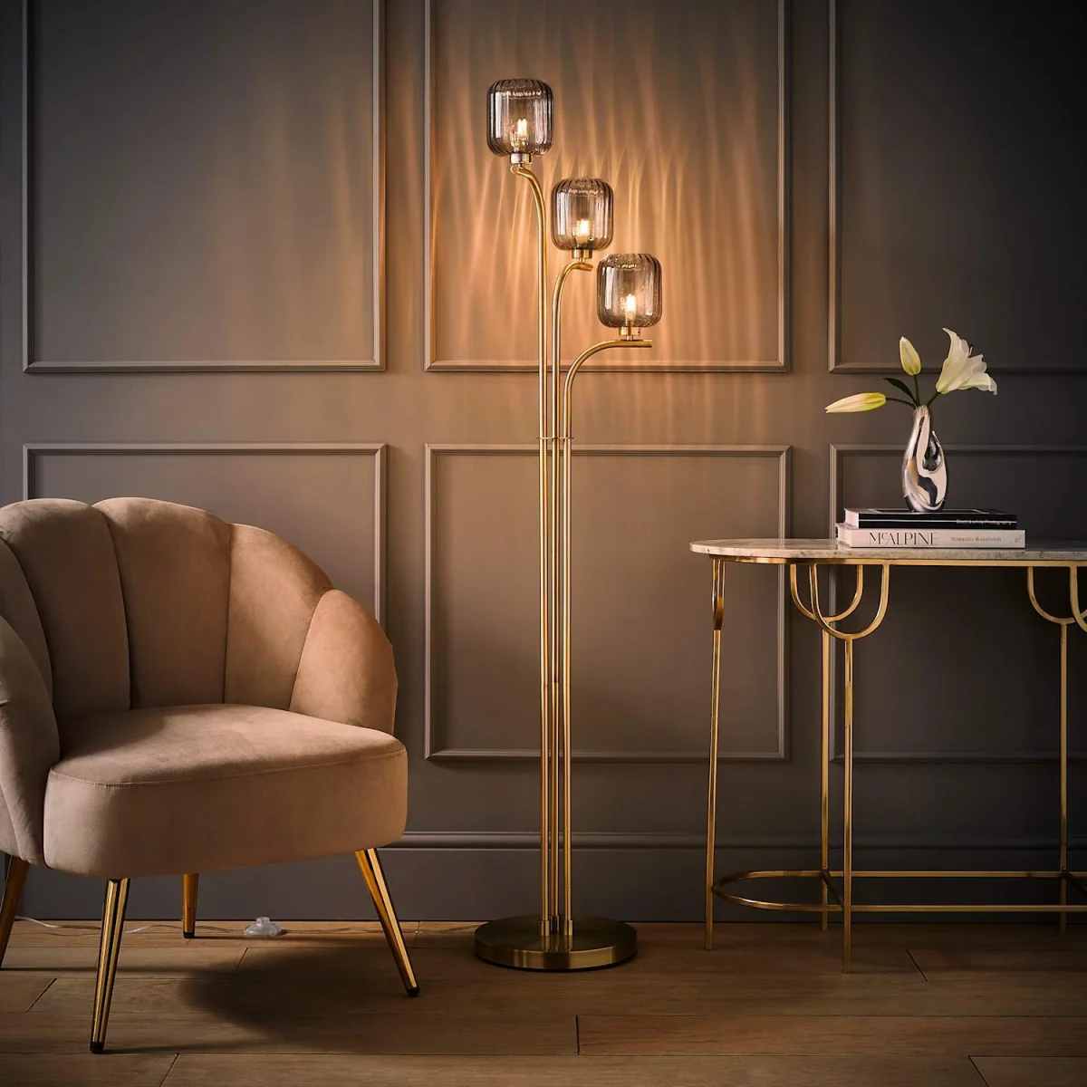 Amelie Gold Stem 3 Way Ribbed Glass Lamp Floor Light - Gold / Yes - Gold – image 4