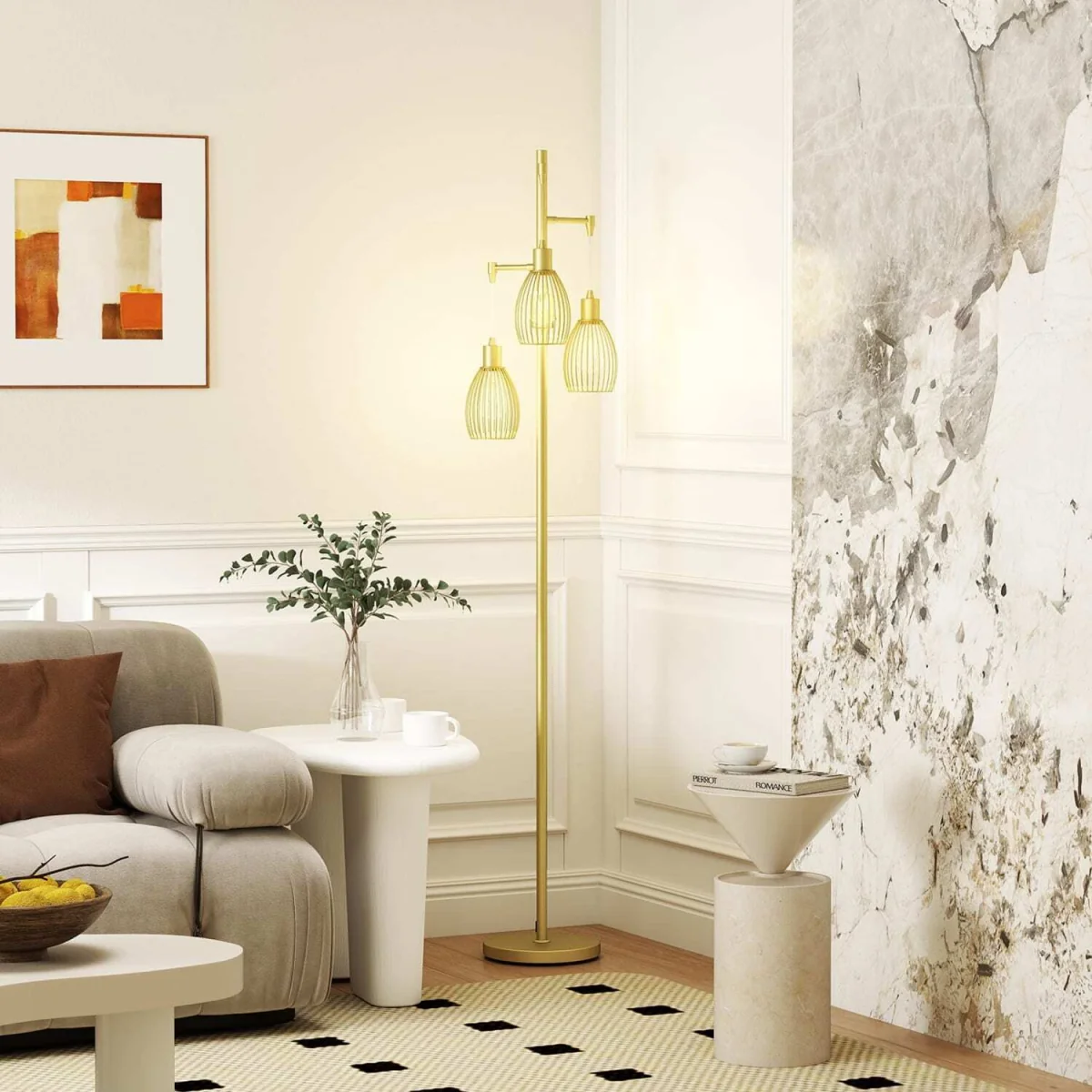 Rodi Metal Gold Tone Industrial 3-Light Floor Lamp with Wire Cage Shades – image 3