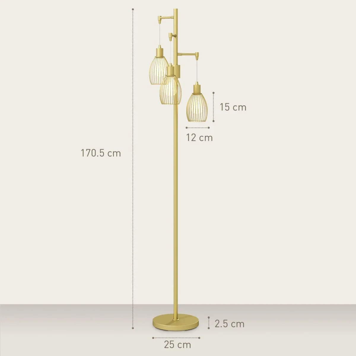 Rodi Metal Gold Tone Industrial 3-Light Floor Lamp with Wire Cage Shades – image 4