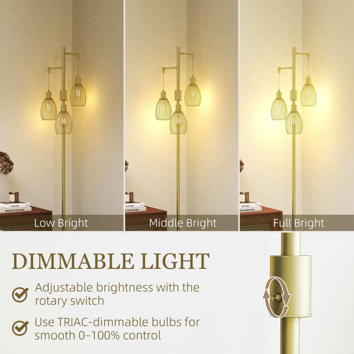 Rodi Metal Gold Tone Industrial 3-Light Floor Lamp with Wire Cage Shades – image 5