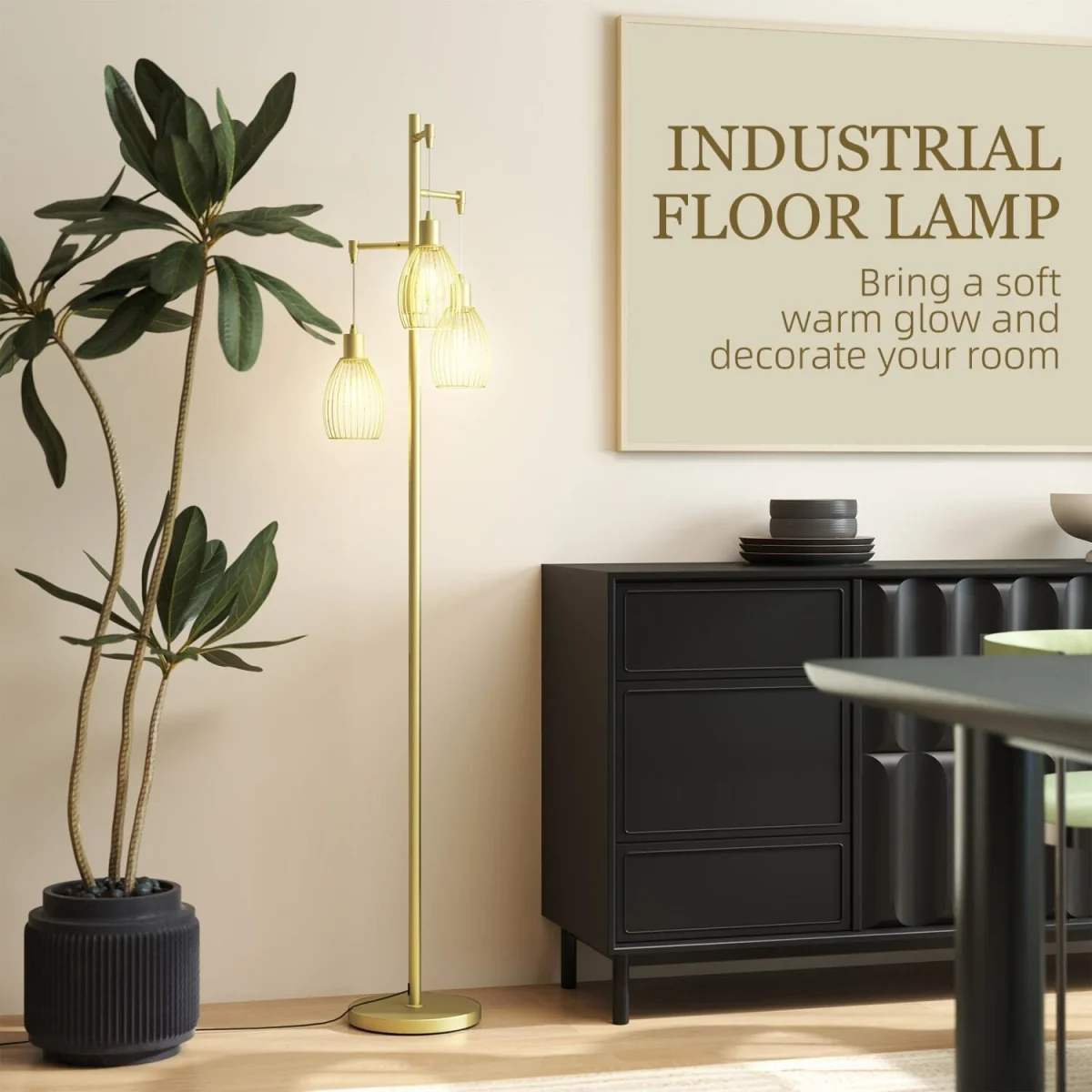 Rodi Metal Gold Tone Industrial 3-Light Floor Lamp with Wire Cage Shades – image 6