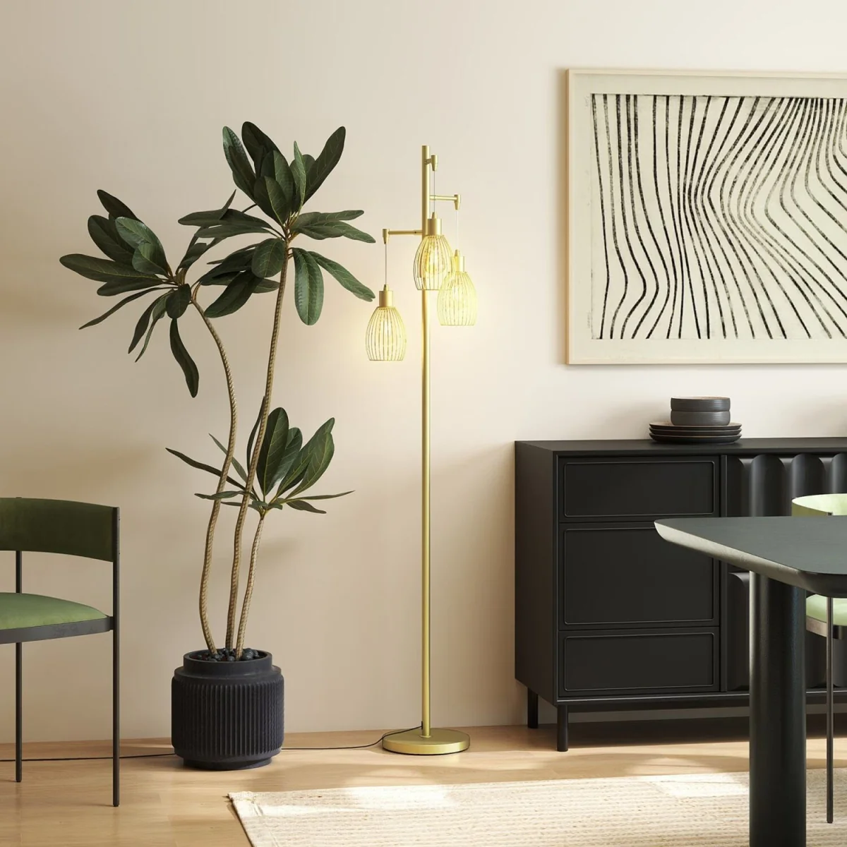 Rodi Metal Gold Tone Industrial 3-Light Floor Lamp with Wire Cage Shades – image 9