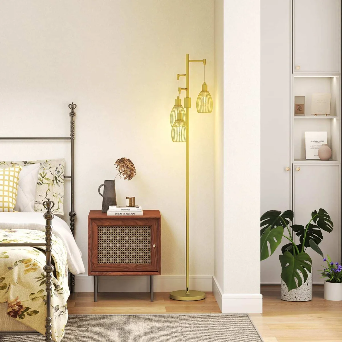 Rodi Metal Gold Tone Industrial 3-Light Floor Lamp with Wire Cage Shades – image 10