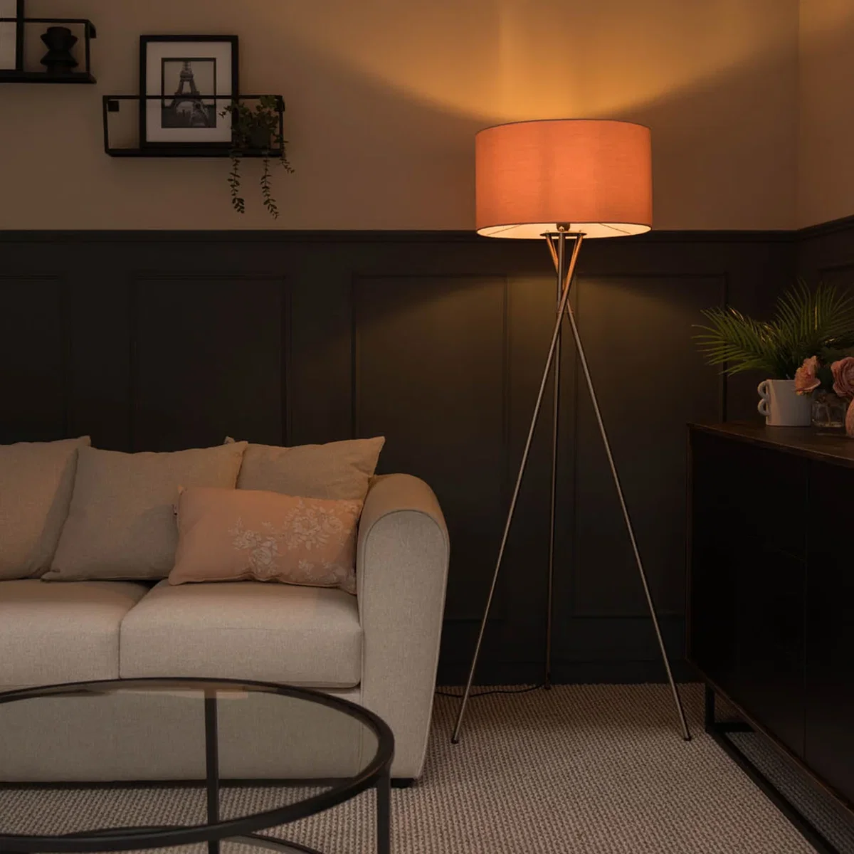 Camden Brushed Chrome Tripod Floor Lamp with Drum Shade and Bulb - Blush