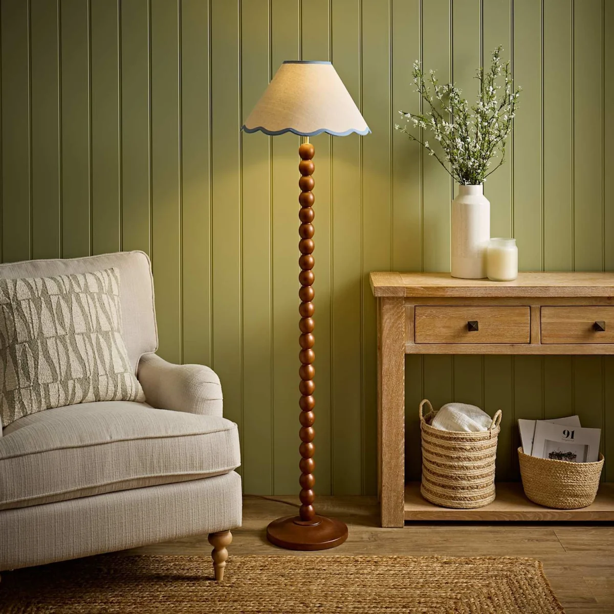 Bobbin Colour Trim Linen Shade Bobble Floor Lamp - Walnut Blue Trim - Walnut – image 3