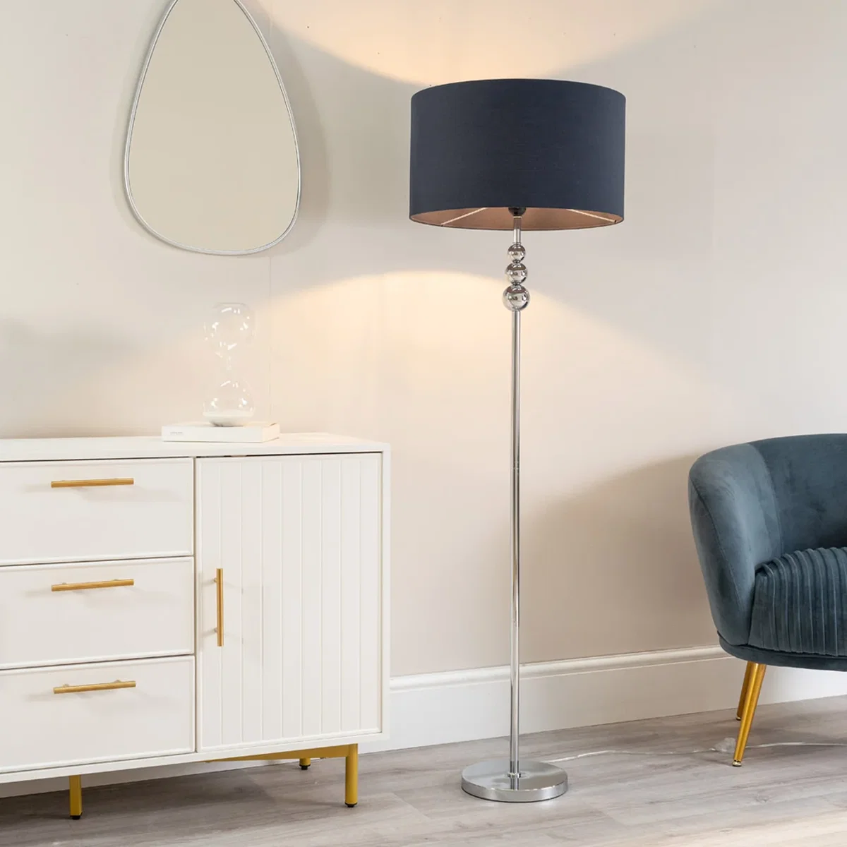 Marissa Chrome Floor Lamp with Fabric Drum Shade and Bulb - Navy