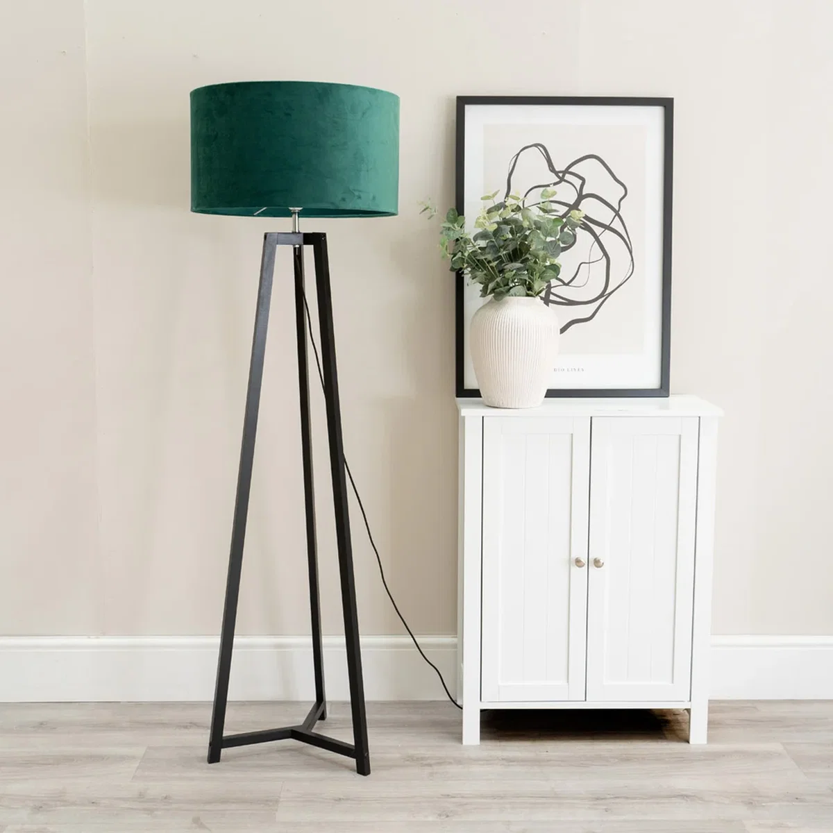 Lottie Wood Floor Lamp with Velvet Shade - Green