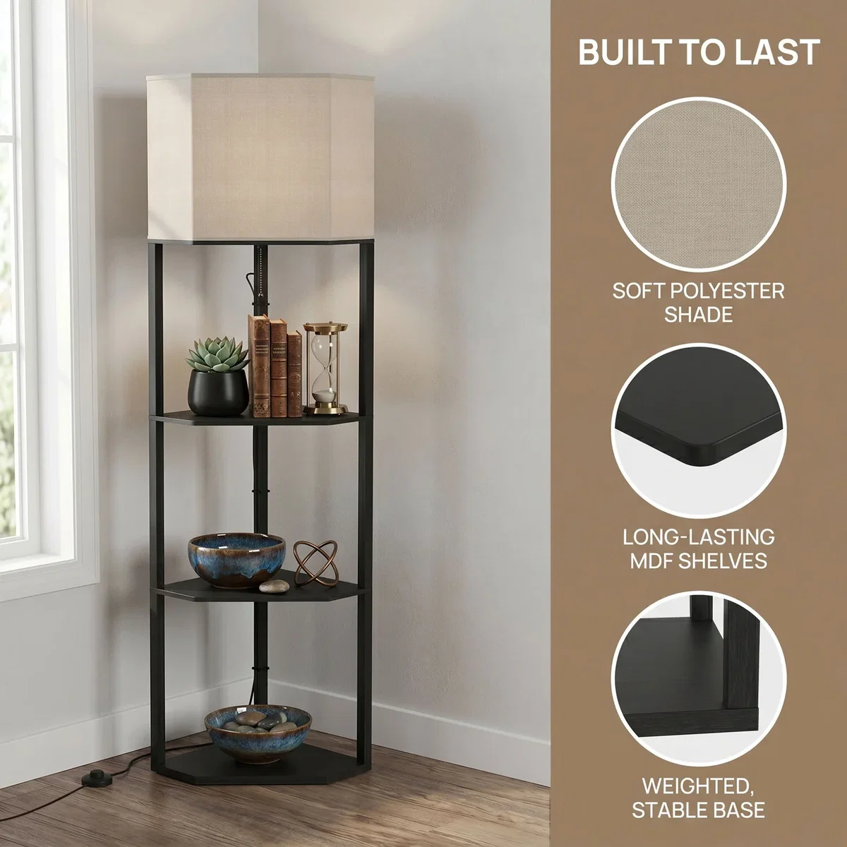 HOMCOM Corner Floor Lamp with Shelves B31-315V70RB - Black – image 5
