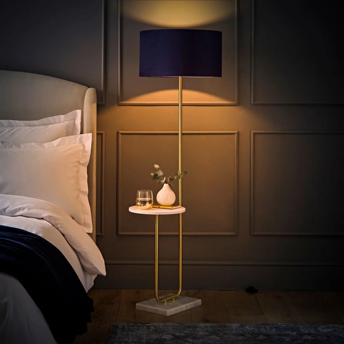 Tavel Brushed Gold Shelf Floor Lamp with Velvet Drum Shade - Navy Blue / Yes - Navy Blue / Yes – image 2