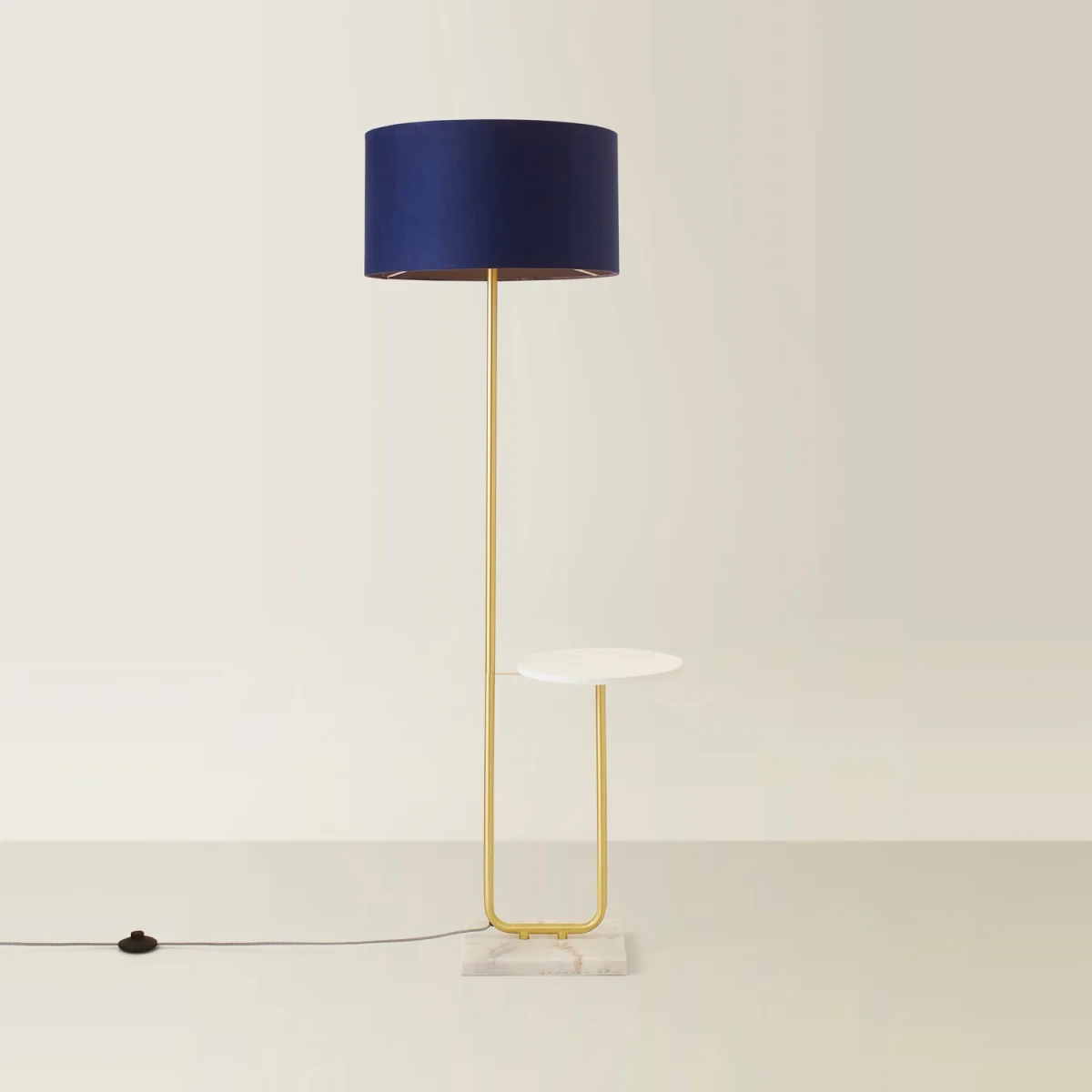 Tavel Brushed Gold Shelf Floor Lamp with Velvet Drum Shade - Navy Blue / Yes - Navy Blue / Yes – image 3