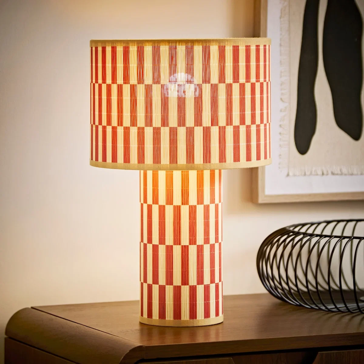 Lori Orange Checkerboard Print Bamboo Table Lamp / Yes - Orange – image 3