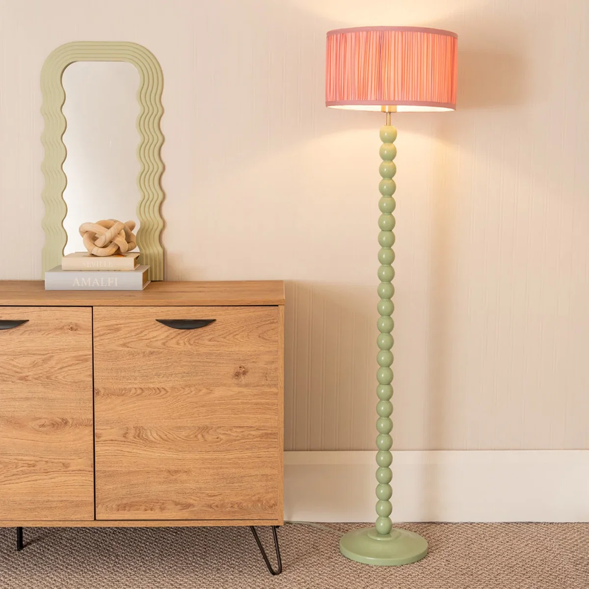 Bobbins Sage Floor Lamp with Ruched Drum Shade and LED Bulb - Pink