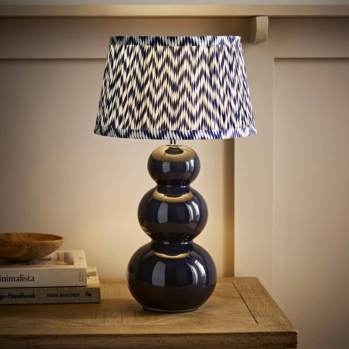 Edie Chevron Print Pleated Shade Ceramic Bobble Base Table Lamp - Navy / Yes - Navy / Yes – image 2