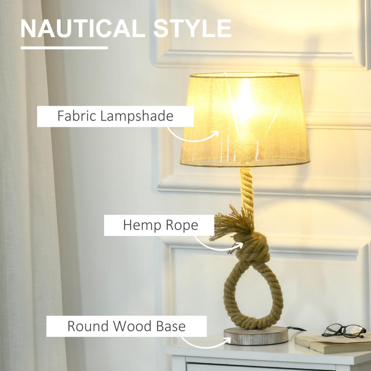 Nautical Bedside Lamp with E27 Bulb Base Lampshade - Beige, Brown – image 4